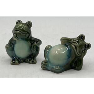 Vintage Glazed Porcelain Garden Frogs Pair Green/Blue 3x3.5 & 4x3 in